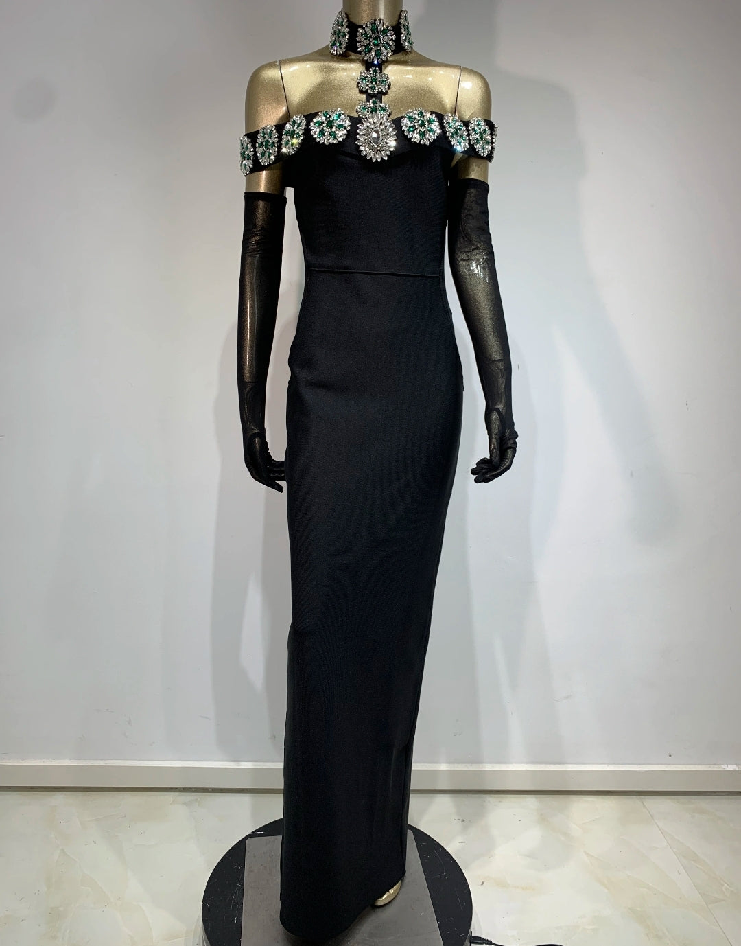 LUXE EMBELLISHED DIAMONDS CRYSTAL BANDAGE BODYCON MAXI DRESS