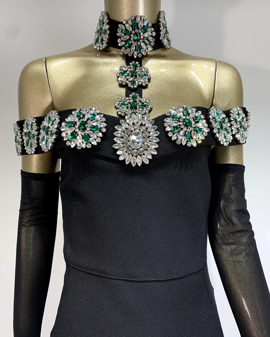 LUXE EMBELLISHED DIAMONDS CRYSTAL BANDAGE BODYCON MAXI DRESS