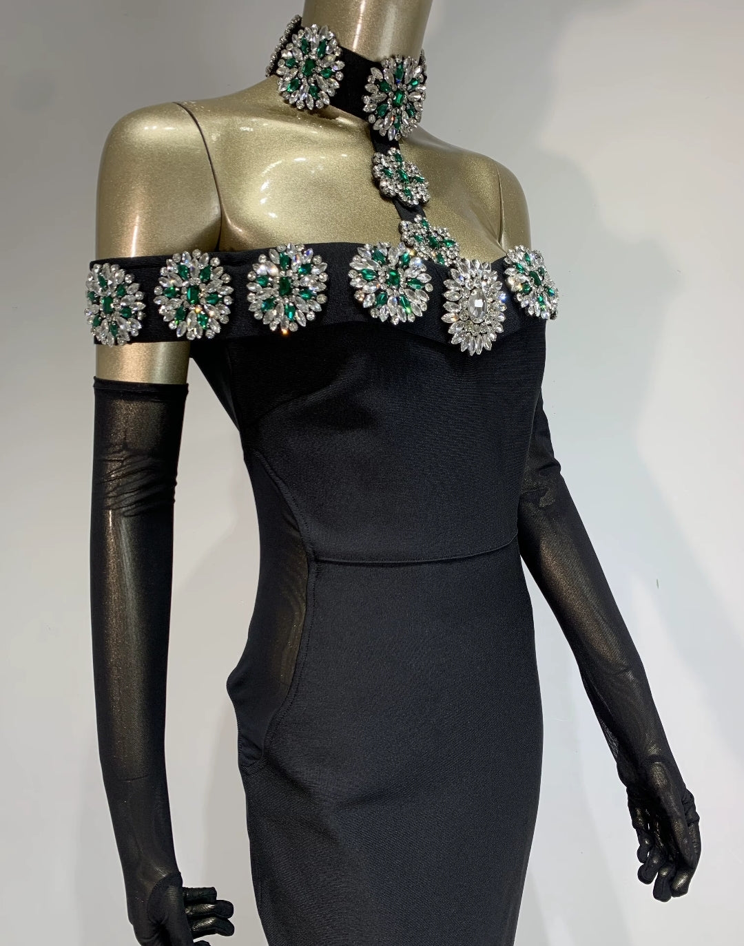 LUXE EMBELLISHED DIAMONDS CRYSTAL BANDAGE BODYCON MAXI DRESS