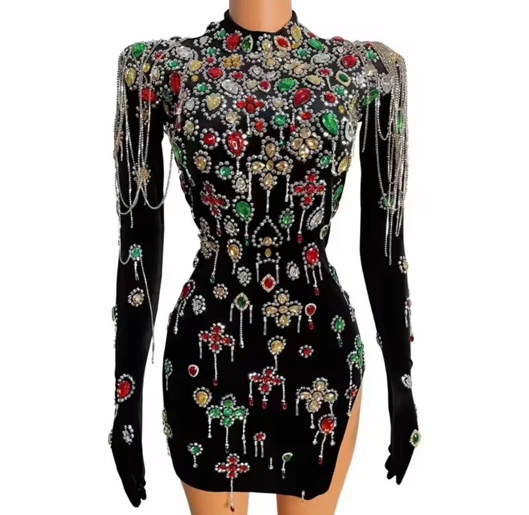 MIDNIGHT VELVET CHARM CRYSTAL DRESS W/GLOVES