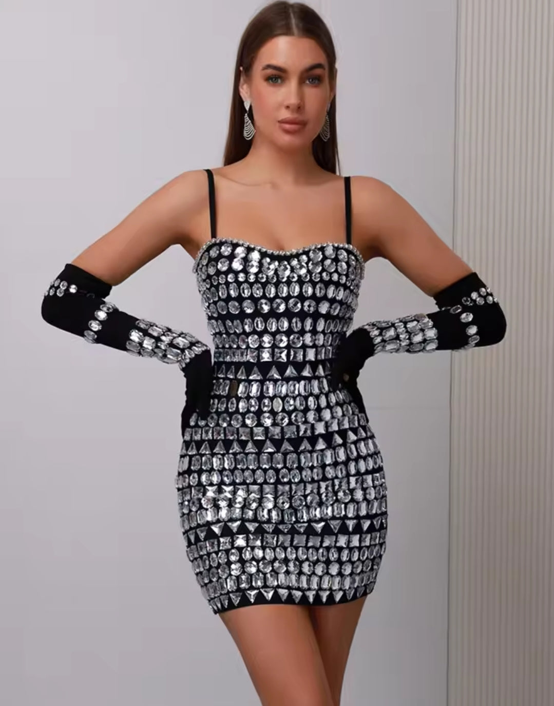 GLAM BANDAGE RHINESTONE MINI DRESS W/GLOVES