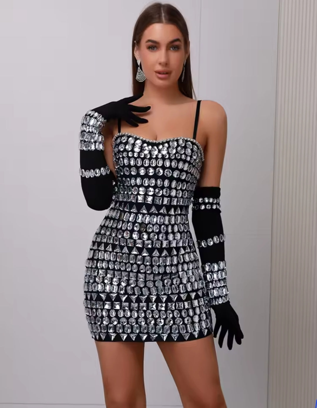 GLAM BANDAGE RHINESTONE MINI DRESS W/GLOVES