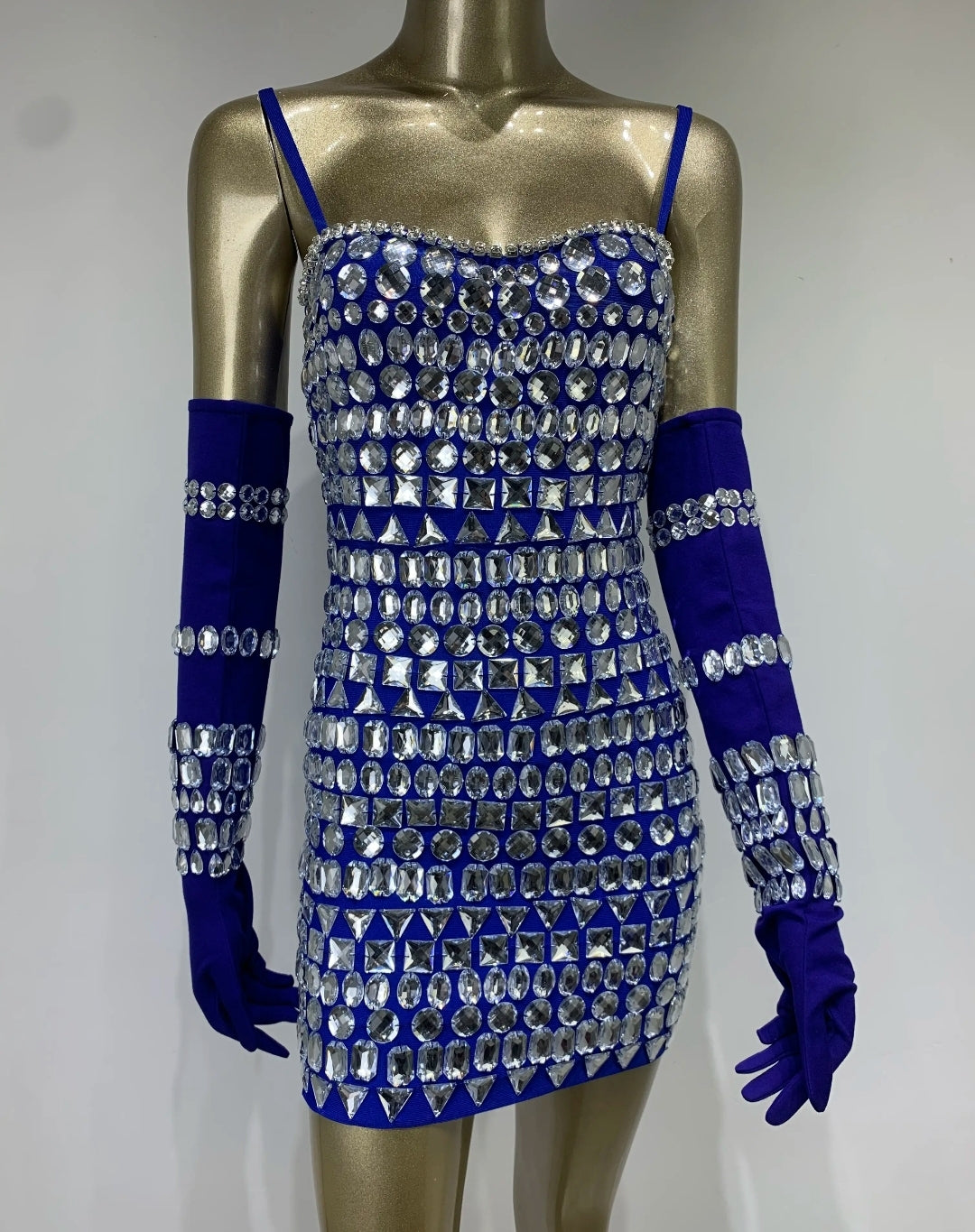GLAM BANDAGE RHINESTONE MINI DRESS W/GLOVES