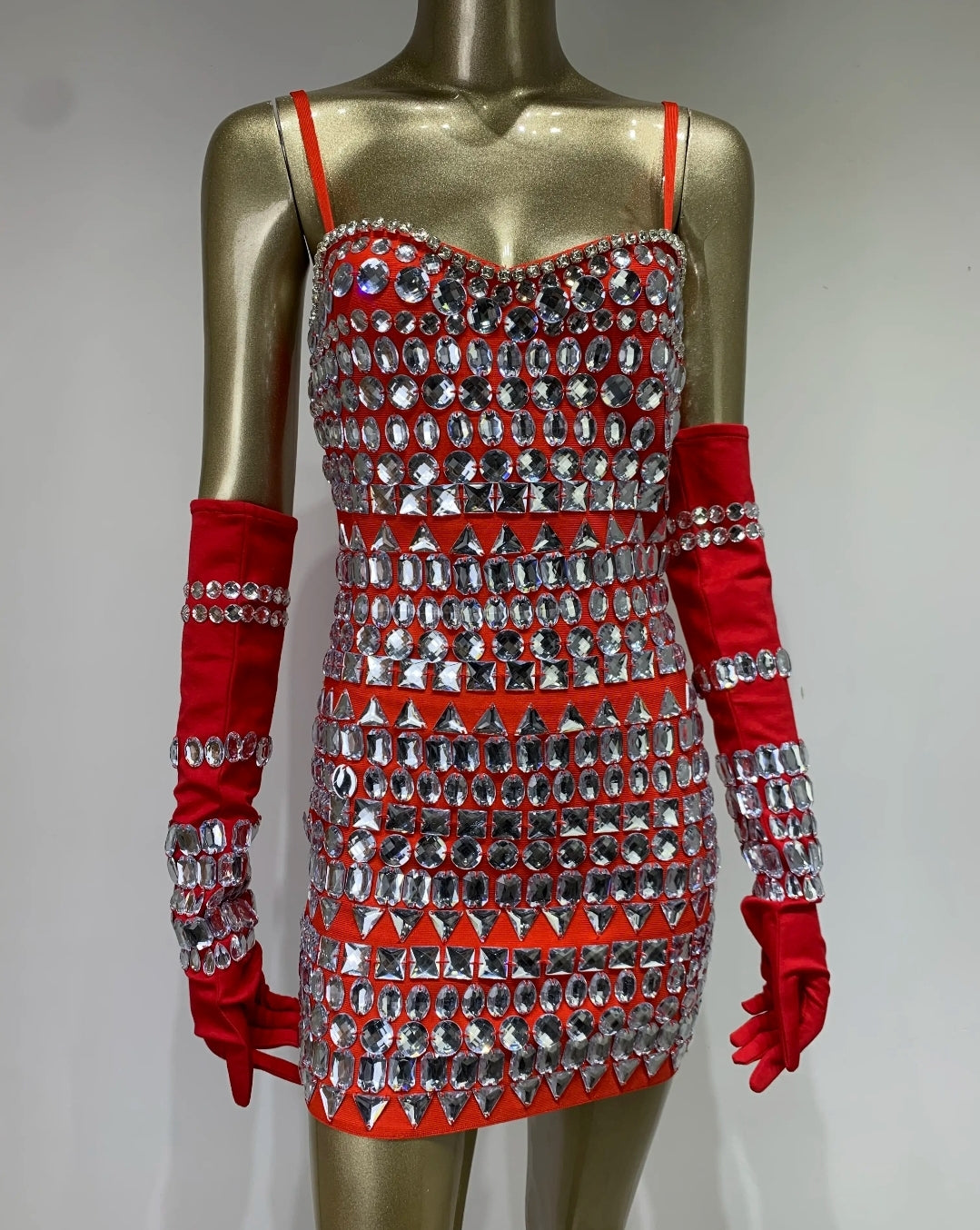 GLAM BANDAGE RHINESTONE MINI DRESS W/GLOVES