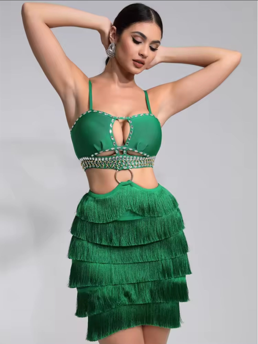 EMERALD FEATHER FRINGE RHINESTONE CUTOUT DRESS