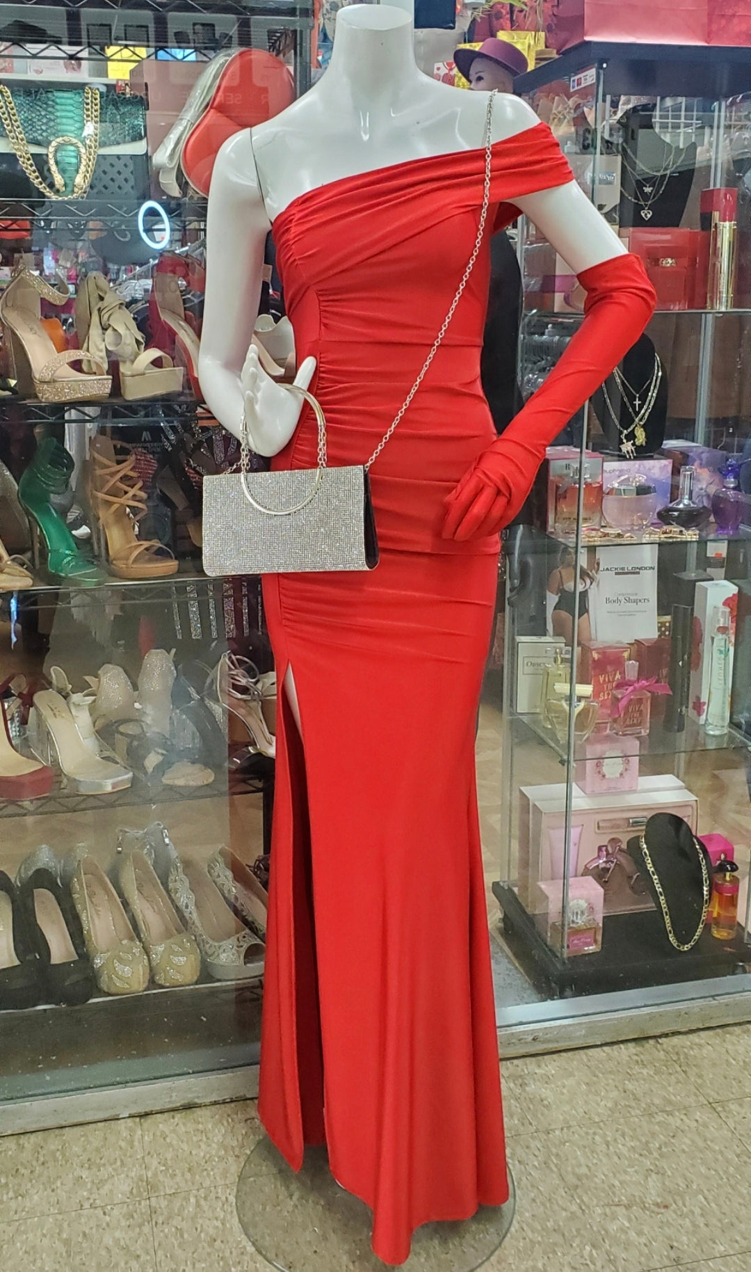 TATIANA ONE SHOULDER RUCHED OPEN LEG DRESS W/GLOVES