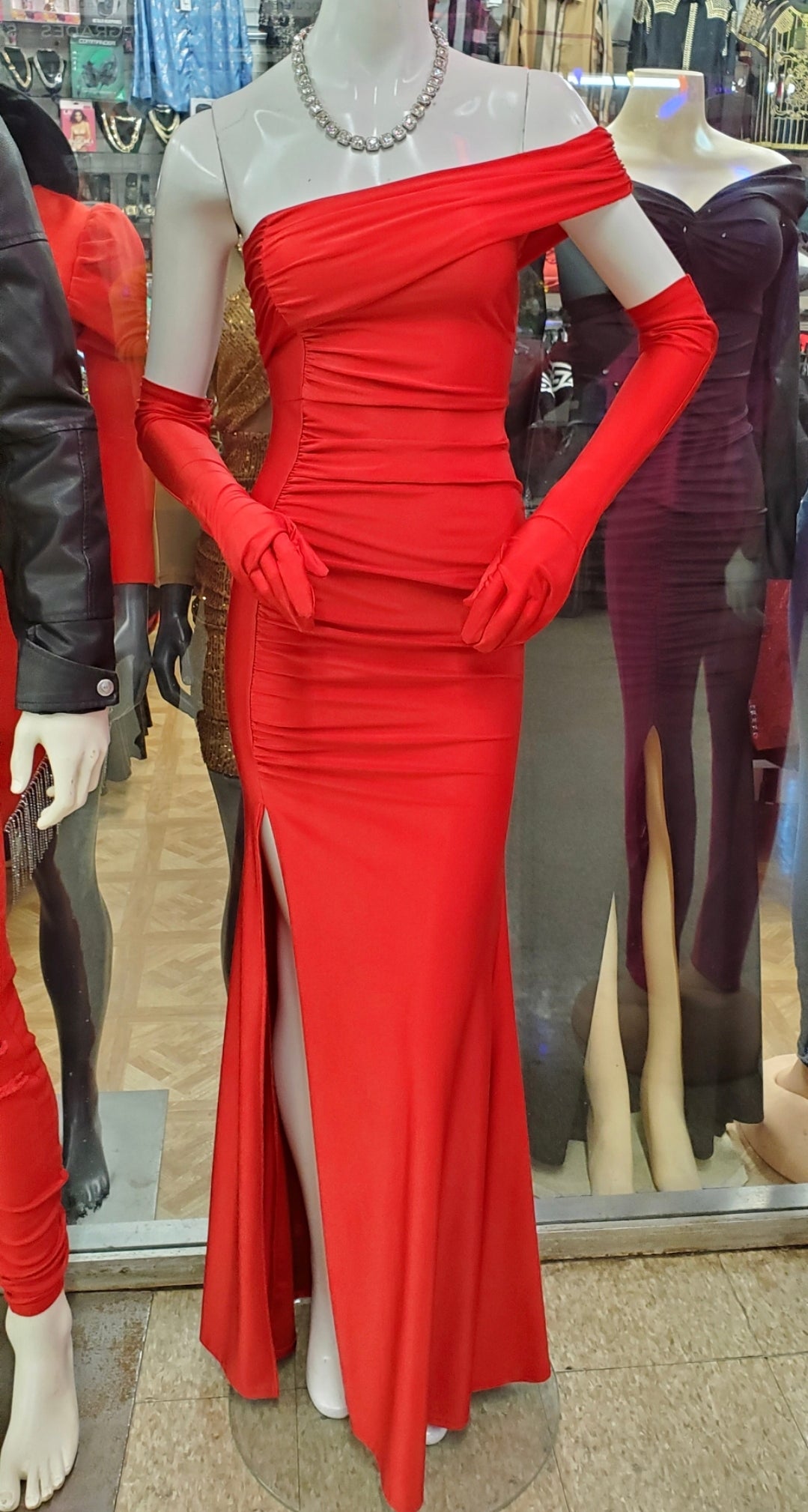 TATIANA ONE SHOULDER RUCHED OPEN LEG DRESS W/GLOVES