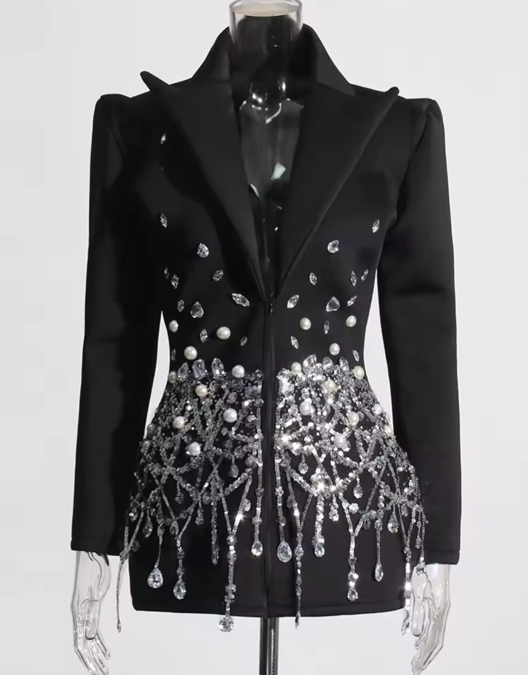 CRYSTAL EMBELLISHED LONG SLEEVE V-NECK BLAZER DRESS