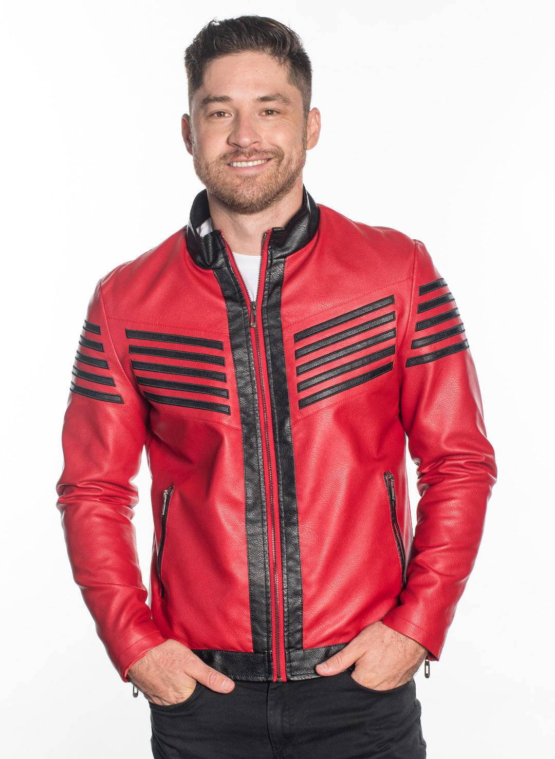 MEN LUXURY TAILORED FRONT ZIP PLEATHER JACKET